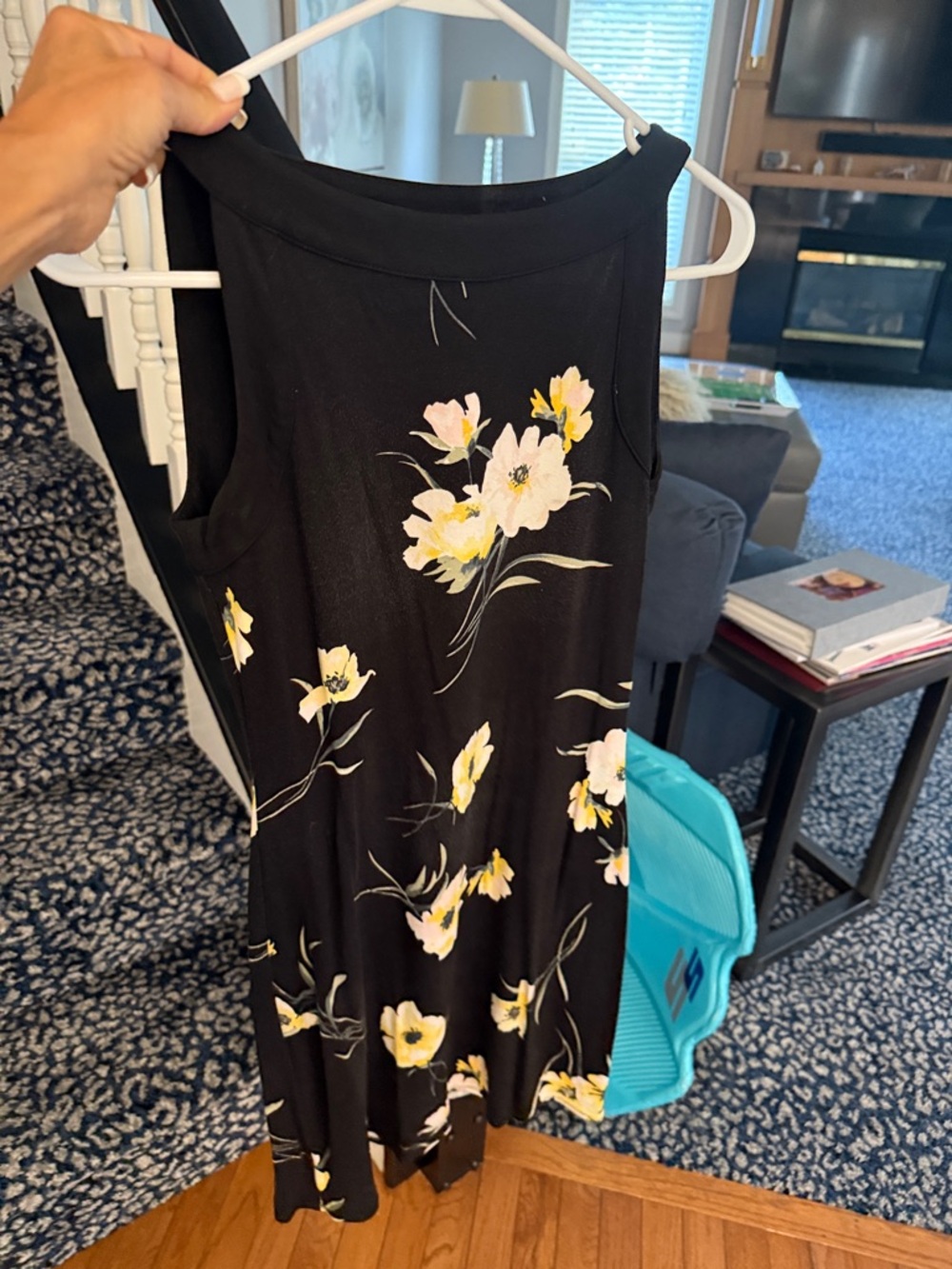 Black Floral Sleeveless A-Line Dress with Yellow & White Blooms